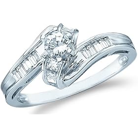 Size - 4 - 14k White Gold Diamond Engagement Solitaire with Side Stones Channel Set Round Brilliant and Baguette Cut Diamond Ring (1/2 cttw, 1/5 ct Center, G - H Color, I1 Clarity)