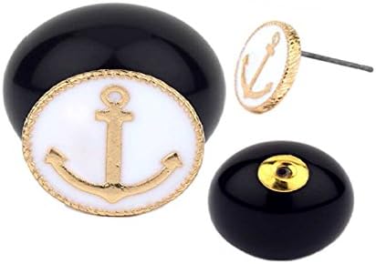 Nautical White Anchor Double-Sided Peekaboo Resin Stud Black Ball Goldtone Earrings (White Anchor Black Ball)