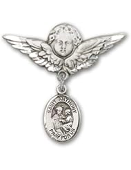 Sterling Silver Baby Badge with St. Anthony of Padua Charm and Angel w/Wings Badge Pin