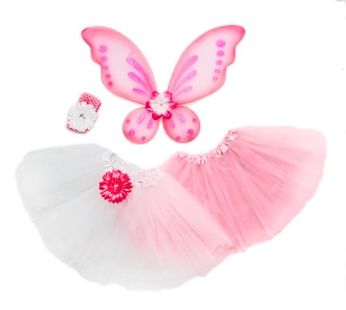 Girls Pink and White Fairy Pixie Costume Set Includeds 2 Tutus Flower Pixie Wings and Flower Crochet Headband Girls Pink and White Fairy Pixie Costume Set Includeds 2 Tutus Flower Pixie Wings and Flower Crochet Headband