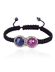 Diamond Pave Blue Sapphire & Ruby Charm Macrame Stretch Bracelet .925 Sterling Silver Jewelry