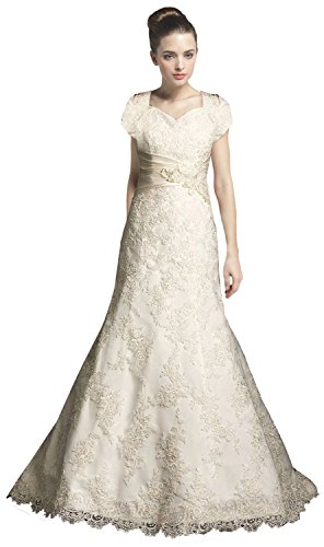 CosplayHut超綺麗手作りホワイトキャップスリーブ レースアップリケAラインウェディグドレス花嫁 結婚式新婦さん