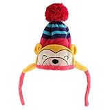 【ノーブランド品】冬　暖かい　子供　サル柄　赤ちゃん　耳あて　ボンボン　ニット　ビーニー　キャップ　帽子　ユニーク　全2色 - ホトピンク