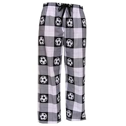 White Black Check Soccer Motif tie cord flannel cotton pants for lounging, sleep, sports. Unisex relaxed fit,