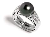 Natural Black Tahitian South-Sea 10.5mm Pearl Set in an 18K White Gold Ring, Enhanced with Pave Set Diamonds.