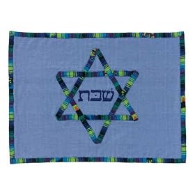 ArtisanStreet's Blue Challah Cover. Bread Cover Features Blue and Green Border with Star of David and Mixes Traditional Mayan Weaving Patterns. For the Shabbat Table. Handcrafted.