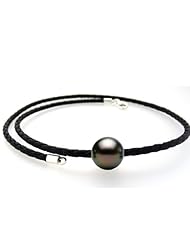 POEMANA perles de culture Black Braided Leather Necklace With A Round Tahitian Pearl