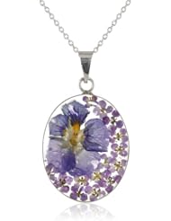 Sterling Silver Pressed Flower Oval Pendant Necklace, 18"