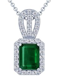 14K White Gold Emerald Cut Emerald And Round Diamond Pendant (GIA Certificate)