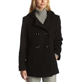AK Anne Klein Women's Wool Double Breasted Seamed Detail Hooded Pea Coat