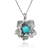 Sterling Silver Lab Created Turquoise Matte Finish Flower Pendant, 18