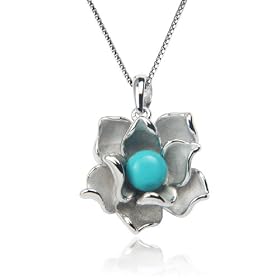 Sterling Silver Lab Created Turquoise Matte Finish Flower Pendant, 18 by