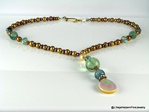 Gold Freshwater Pearls and natural Green Flourites and MOP 18K Gold Y Necklace 20'' Make this a Jewelry Set with Matching Earrings. Optional. Earrings listed separately. Ask me.