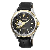Pulsar Men's PS2002 21 Jewel Mechanical Self-Winding Battery-Free Automatic Black Leather Band Two-Tone Case Black Dial Watch