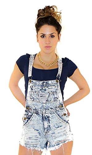 Acid Wash Distressed Denim Overalls in Blue