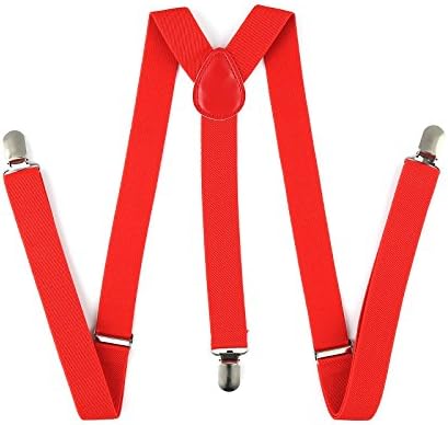 FSLESI Men's Women Solid Or Stripe Suspender Y-Back Clip Braces Suspenders (Solid Red)