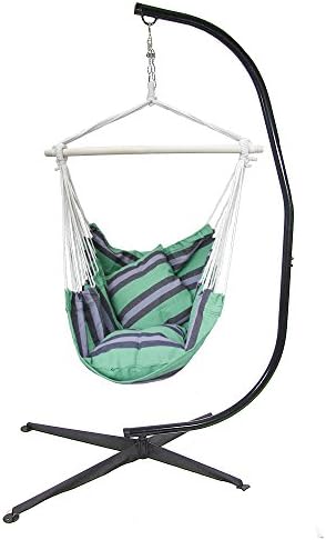Apricis Hanging Hammock Swing with Two Cushions and C-stand Combo, Hardware Included Easy and Quick for Installation,Stand Max Bearing Weight 330lb.(Green with Stand)