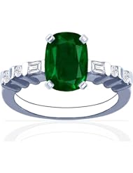 18K White Gold Cushion Cut Emerald Ring With Sidestones