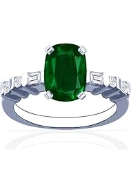 14K White Gold Cushion Cut Emerald Ring With Sidestones