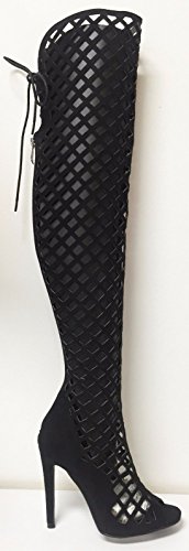 Cape Robbin Women's Elnora Peep Toe Laser Cutout Over The Knee Thigh High Back Lace Tie Boot