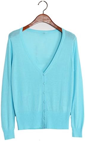 Latika Fashion all-matched super thin (19 Colors) V neck short cardigan sweater for womens Aque Blue