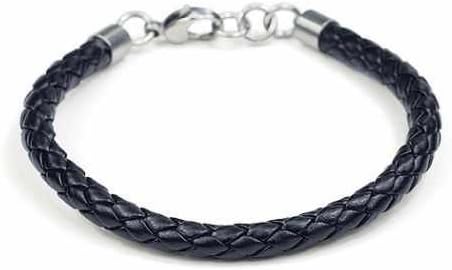 Men's or Ladies - Black Leather and Stainless Steel Bracelet - Length 8,26"