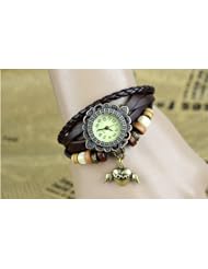 KANO BAK(TM) Retro Bronze Women Ladies Weave Wrap Love Heart Angel wing Leather Bracelet Bangle Quartz Gift Watch Brown