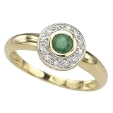 14K Yellow Gold Round Emerald & Bezel Set Diamond Ring