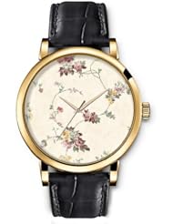Analog Gold Ladies Girls Watches Black Leather Wristband - Floral Pattern
