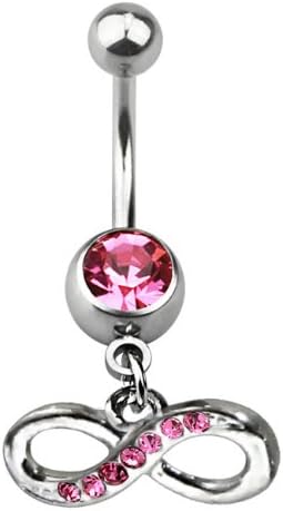 Surgical Steel Pink Cubic Zirconia Dangling Crystal-studded Infinity Sign Belly Button Ring