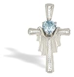 14K White Gold Genuine Heart Aquamarine and Diamond Cross Pendant
