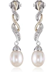 S&G Sterling Silver and 14k Yellow Gold Freshwater Cultured Pearl and Diamond Drop Earrings (9.5-10 mm)