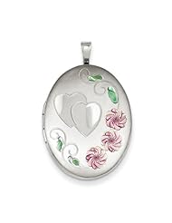 Sterling Silver 26mm Enameled D/C Floral & Heart Oval Locket. Metal Wt- 6.4g