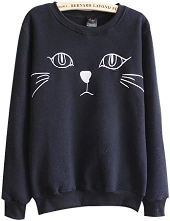 SHANGMEIJIA Women's Thicken Embroidery Cat Round Neck Long-Sleeved Sweater Black