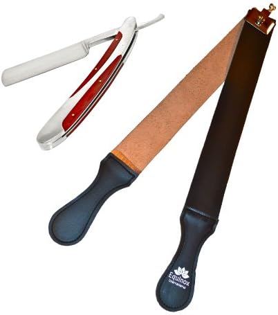 Equinox Professional Straight Edge Razor with Leather Shaping Strop Set (Wood and Steel Razor)