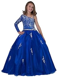 Girls Crystals Lace Crystal Sequined Floor Length Organza One Shoulder   Ball Gown Pageant Dress 