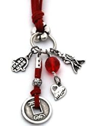 Red Leather Feng Shui Hamsa & Heart Charms Key Chain
