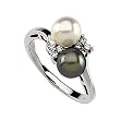 14K White Gold Black and White Akoya Cultured Pearl and Diamond Ring - 6.50mm