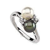14K White Gold Black and White Akoya Cultured Pearl and Diamond Ring - 6.50mm