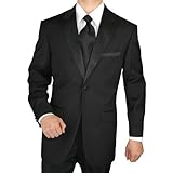 Giorgio Men's Tuxedo Suit Made in Italy 1 Button 2pc Peak Lapel Jacket with Flat Front Pants Super Fine 150s High Twisted Wrinkle and Stain Resistant All Season Use Black