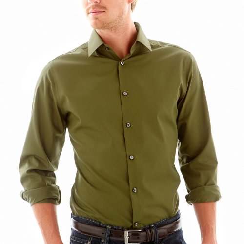 Jf J. Ferrar Slim Solid Dress Shirt, Olive Green, Mens