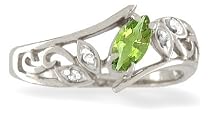 14K White Gold Genuine Marquise Peridot and Diamond Filligree Ring
