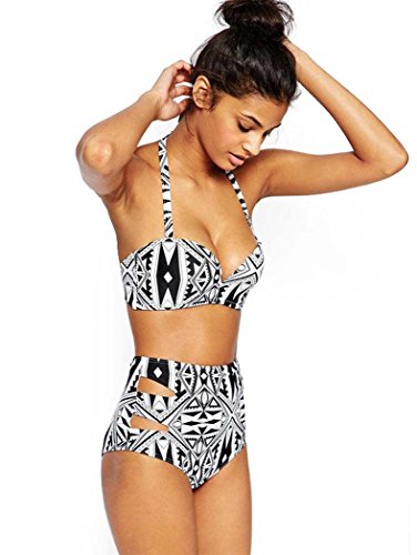 Bluetime Women's Halter Geometric Print High Waisted Bikini Swimsuits