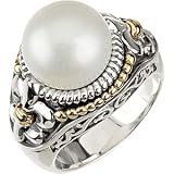 Stellar Freshwater Cultured Pearl Ring with Fleur de Lis Trim set in Sterling Silver & 14 kt Yellow Gold