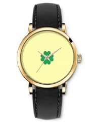 SPRAWL Aanalog Fashion Series Gold Ladies Watches of Genuine Black Leather Strap,Unique Wrist Watch for Women Girls Designed with Four Leaf Clover