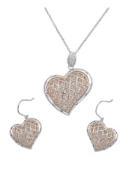 Sterling Silver CZ Irregular Two Toned Fence Pattern Heart Earring Pendant Set