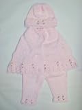 Pcp1.1, Knitted on Hand Knitting Machine Infant Girls Baby Pink Chenille Poncho Pant Hat Set Trimmed with Satin Rosebuds