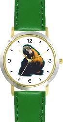 Blue and Yellow Parrot No.2 Bird Animal - WATCHBUDDY&reg; DELUXE TWO-TONE THEME WATCH - Arabic Numbers - Green Leather Strap-Size-Large ( Men's Size or Jumbo Women's Size )