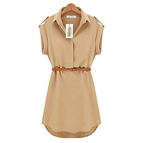 Cocobla Cap Sleeve Stretch Ol Belt Chiffon Casual Shirt Mini Dress(M)