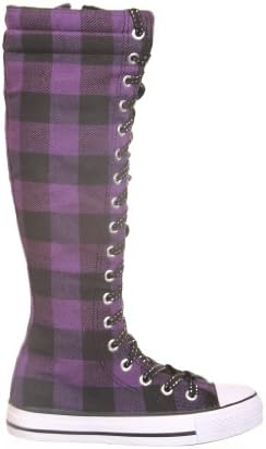 NEW Canvas Sneakers Flat Tall Punk Skate Shoes Lace up Knee High Boots FOR KIDS (2, black/purple/plaid)